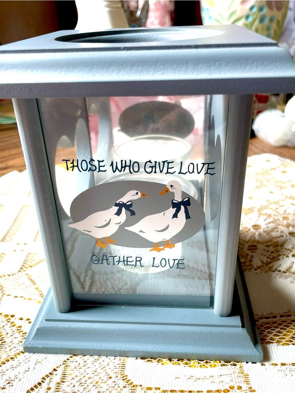 Cottage coreBlue Goose Lantern with candleholder Those Who Give Love Gather Love